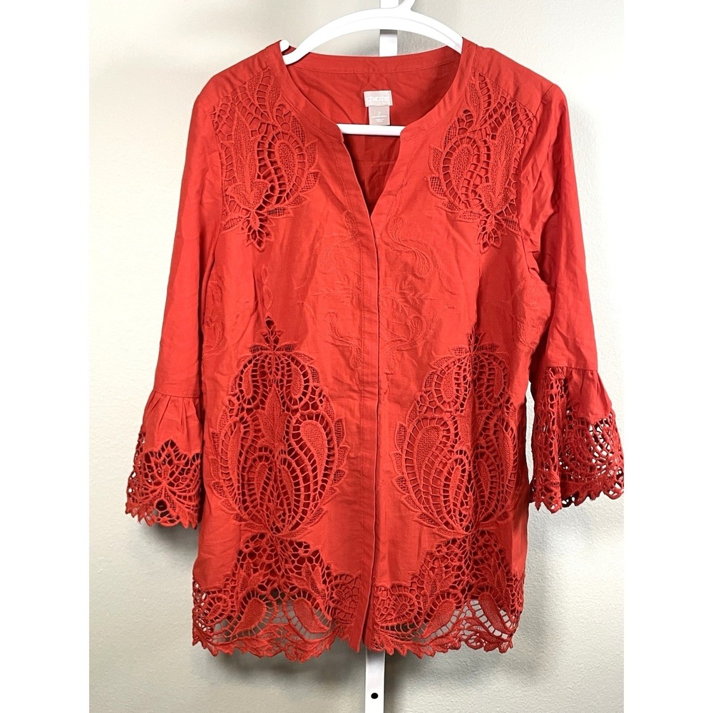 Chico's 2 Top Embroidered Paisley Overlay Flared Sleeve Large US 12-14 Orange
